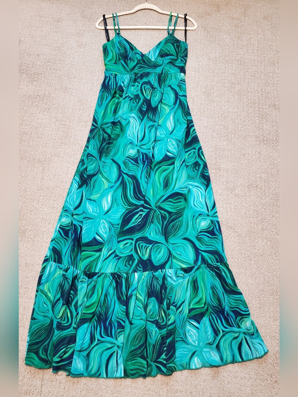 Bisou Bisou Blue Green Floral Tie-Back Ruffle Tier Maxi Dress 14